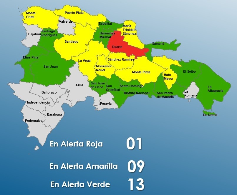 COE disminuye a 23 las provincias en alerta por lluvia; Duarte sigue en rojo