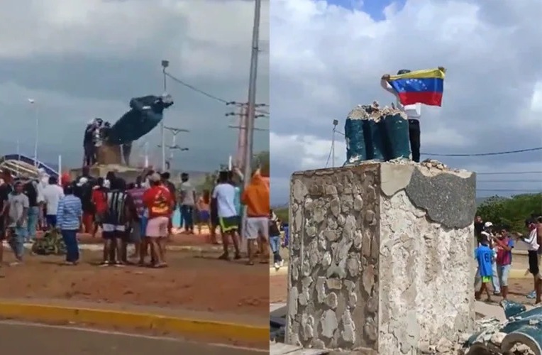 Venezolanos derriban estatua de Chavez en Venezuela